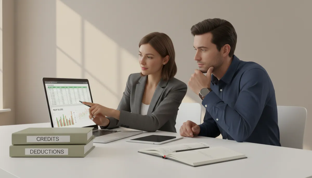 Tax strategist and business owner reviewing well-organized documentation for credits and deductions