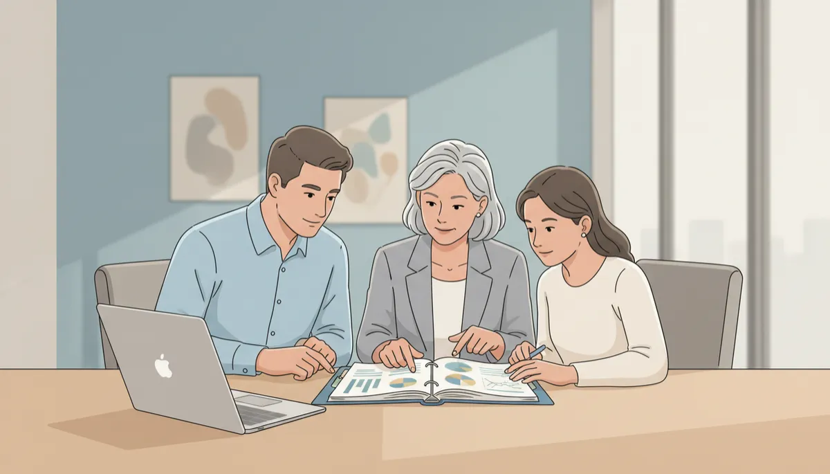 Family reviewing organized financial documents together in a professional setting