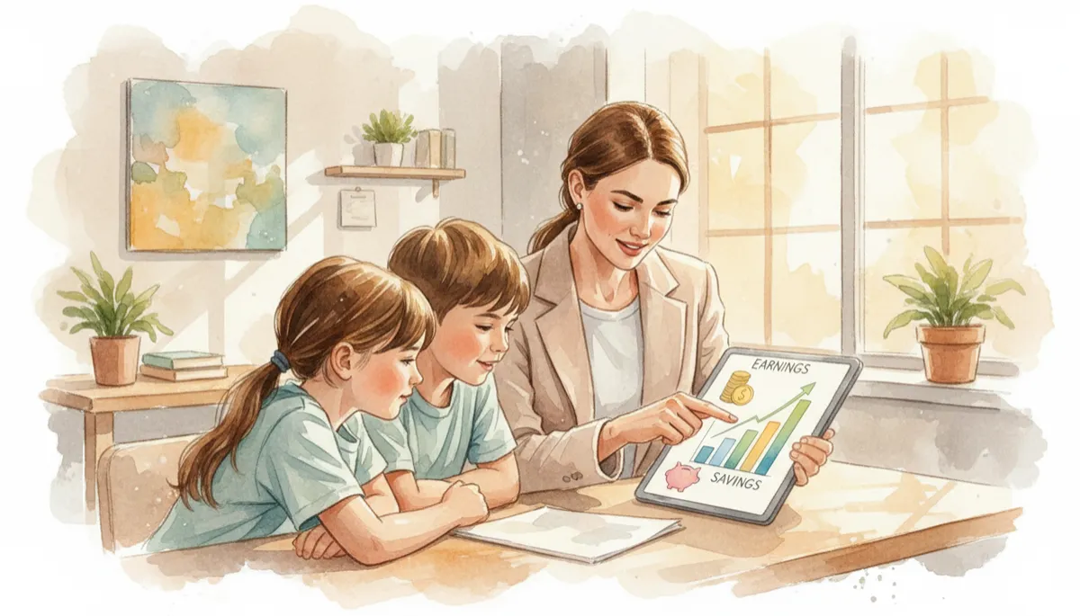 Mentor showing children how earnings and savings work on a digital chart