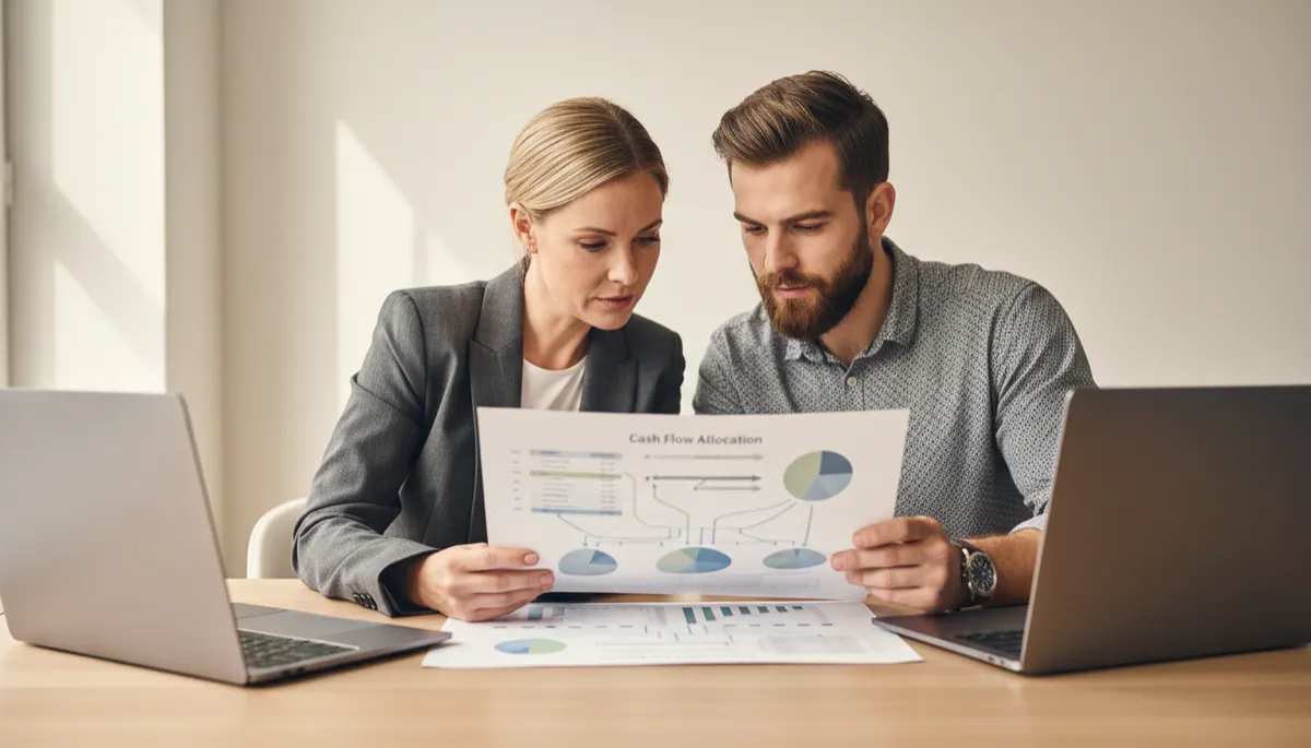Agency owner and financial strategist reviewing cash flow allocation plan