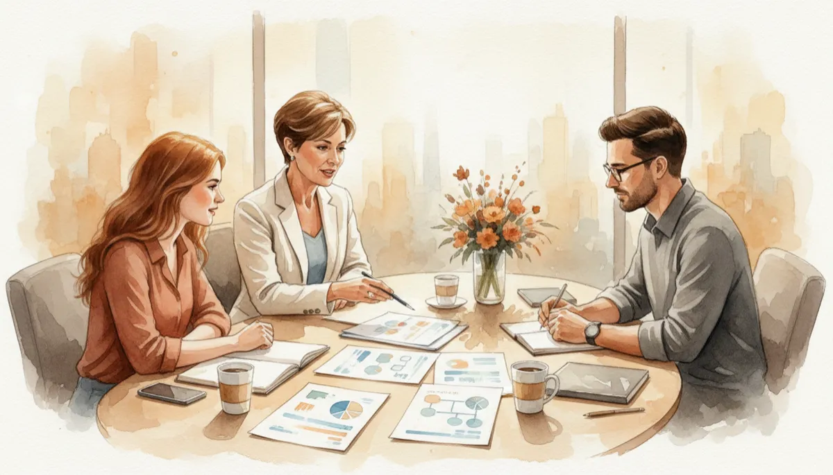 Business owner mentoring next-generation leaders around a conference table