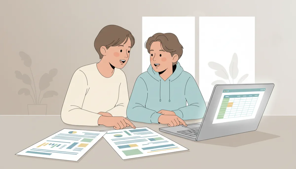 professional neutral-toned photograph of a parent and teenage child reviewing a printed budget and laptop together at a tidy office desk, both engaged and discussing notes, calm corporate environment
