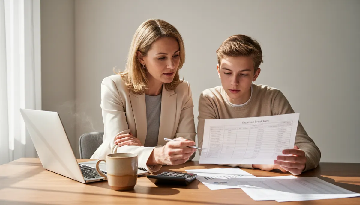 Parent and teen reviewing rental property operating costs together