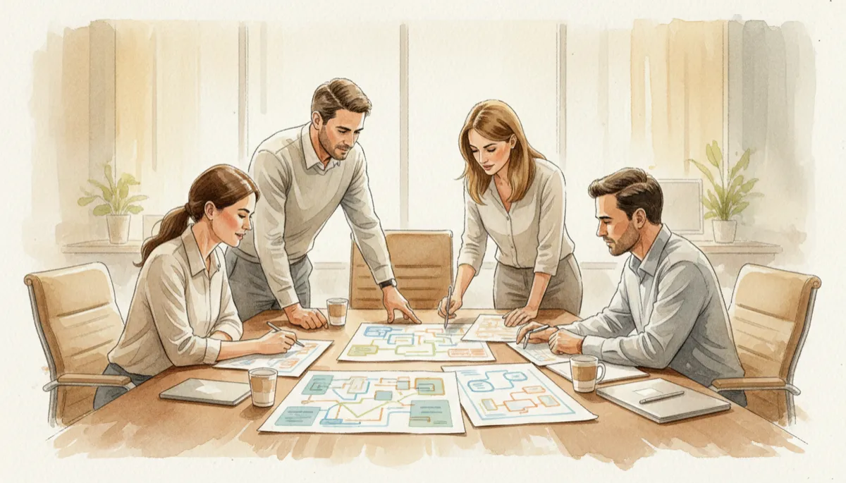 Team reviewing documented business processes and decision frameworks