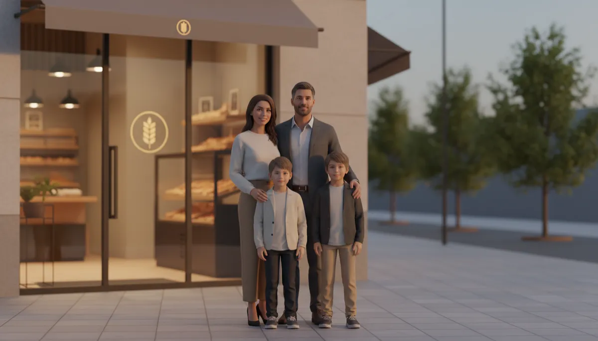 Local family business owners standing together outside their storefront Local family business owners standing together outside their storefront