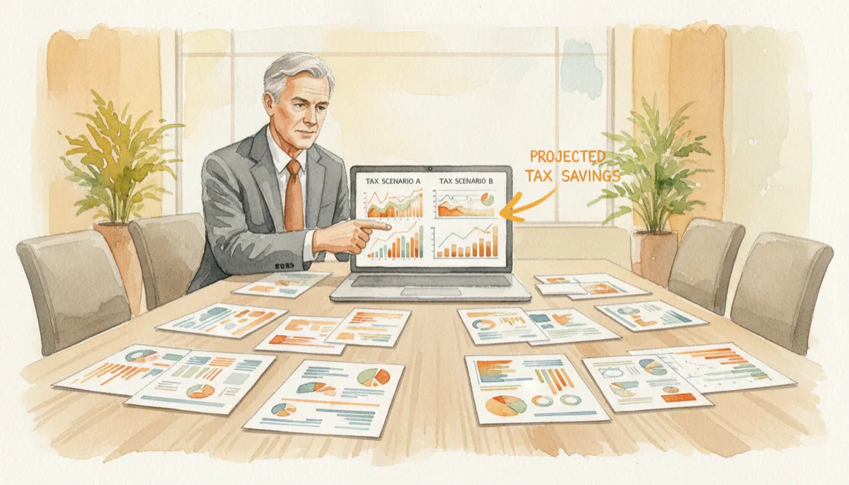 Senior engineer and advisor reviewing side-by-side tax scenarios at a conference table