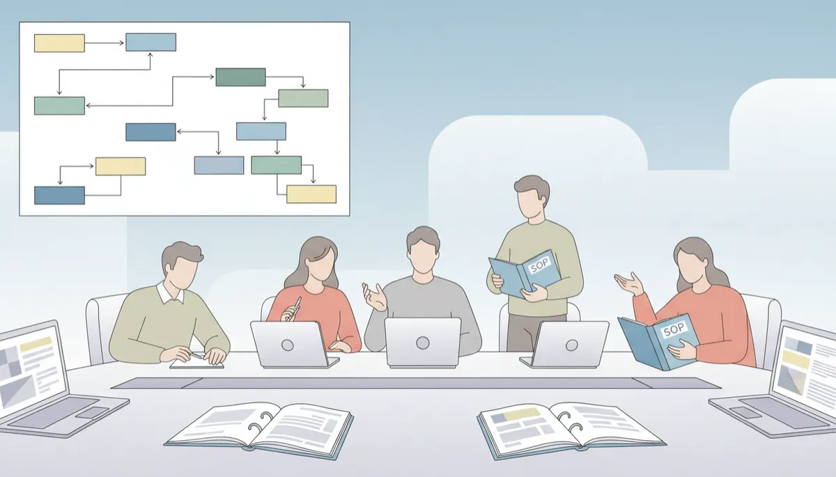 professional neutral-toned photograph of a leadership team reviewing process flowcharts and SOP binders around a conference table, laptops open with dashboards, calm collaborative atmosphere