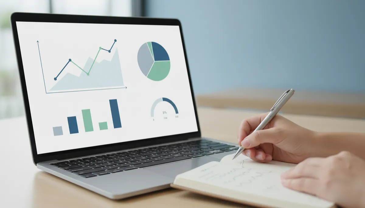 Financial dashboard showing key metrics with notes being taken beside a laptop