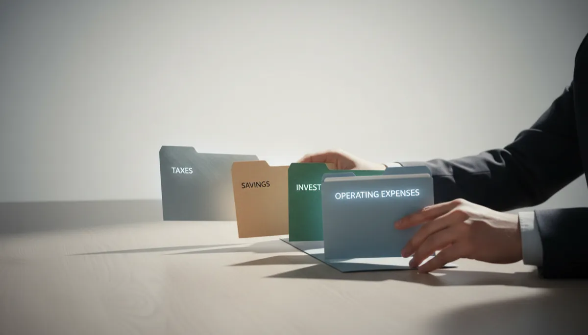 Business owner organizing money into savings, investments, and expenses categories