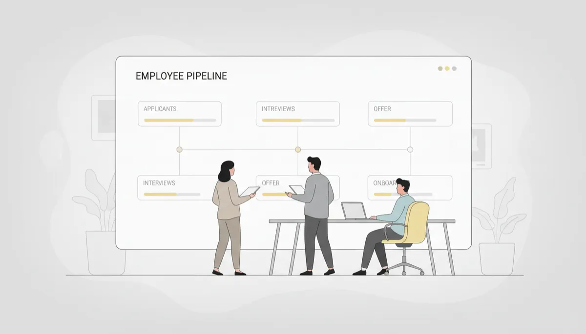 Hiring team reviewing a visual employee pipeline dashboard in a professional neutral office