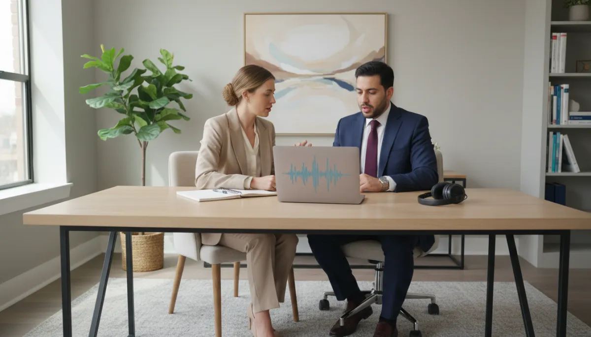 Speech therapist and immigrant professional reviewing English speech patterns together in a quiet office