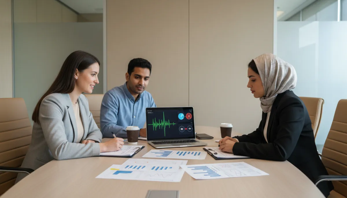 Speech therapist reviewing detailed speech evaluation results with international professionals