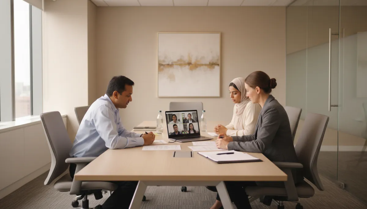 Speech therapist conducting role-play practice with international professionals in a workplace setting