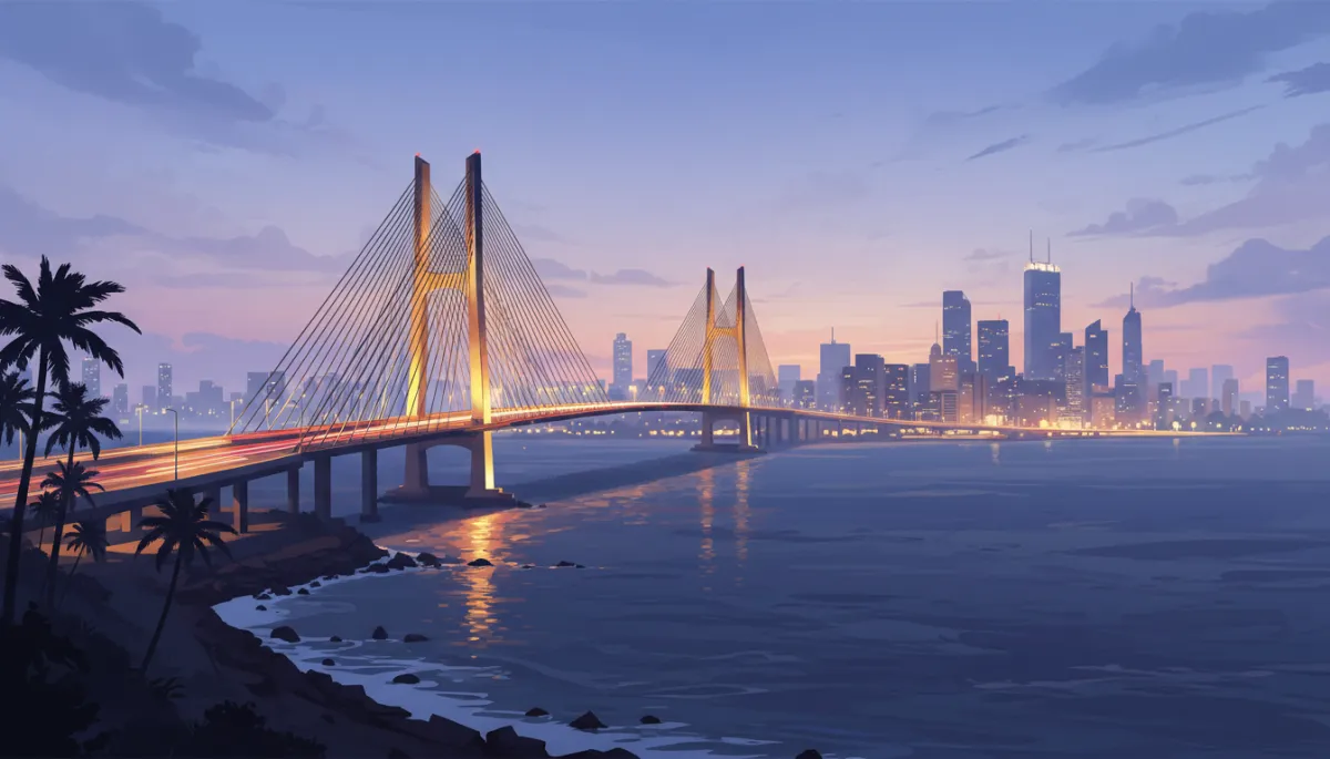 Evening view of Mumbai coastline with the Bandra-Worli Sea Link lit up, hazy sky, traffic lights streaking along the road, Arabian Sea in the background