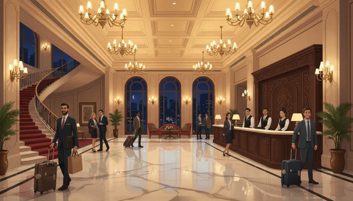 Hotel lobby of a luxury Mumbai hotel at night, polished marble floors, ornate lighting, staff at reception, guests wheeling suitcases