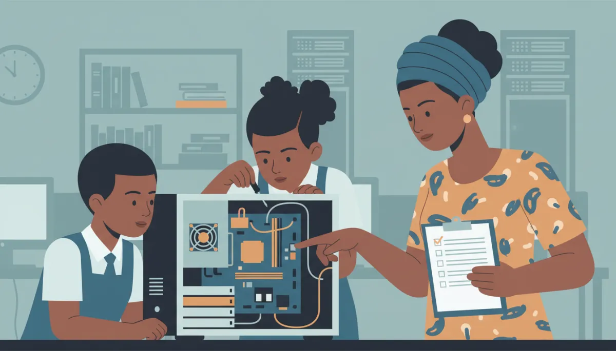 Nigerian students learning basic computer hardware maintenance in a school lab