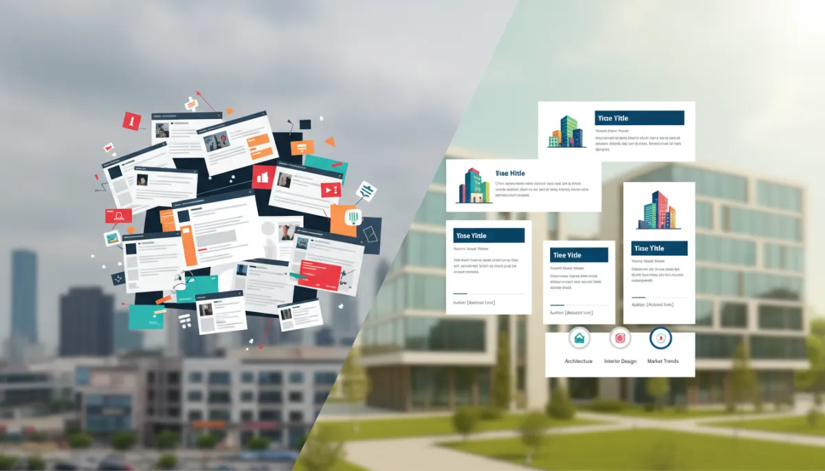 A professional, high-resolution, photorealistic image showing a split-view: one side displaying a cluttered, disorganized blog dashboard, and the other side showing a clean, well-structured blog interface with clear categories and author attribution. Subtle real estate elements in the background.