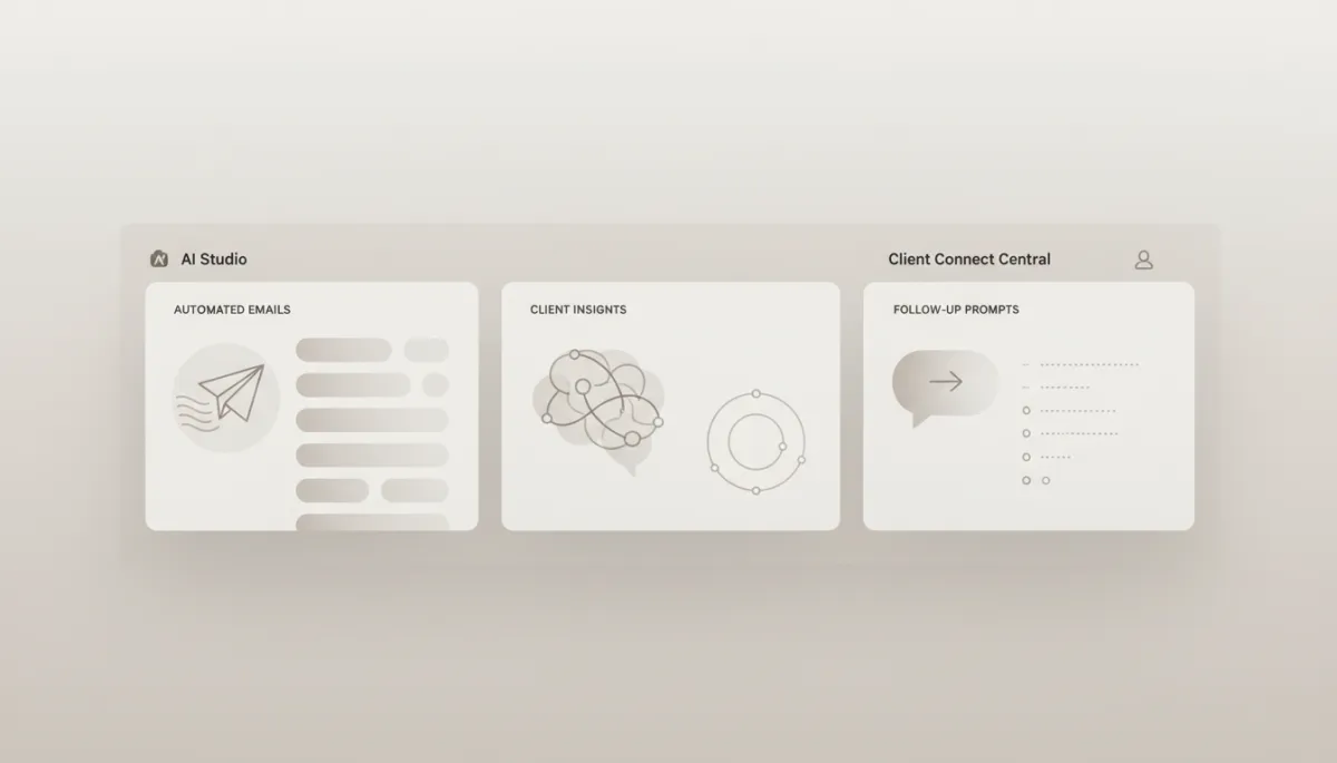 Modern clean interface of AI Studio within Client Connect Central showing automated workflows and client insights
