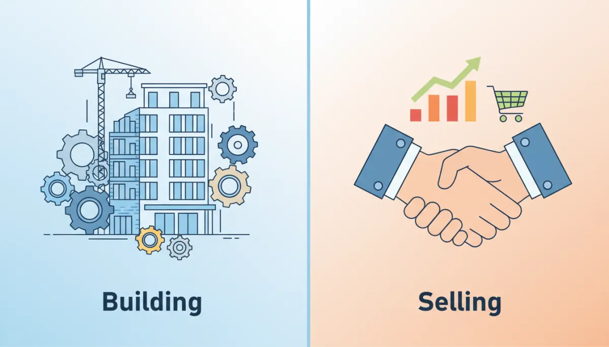 Split flat-design illustration with blueprints and gears on the left labeled 'Building', and a handshake on the right labeled 'Selling', clean vector style with a central dividing line