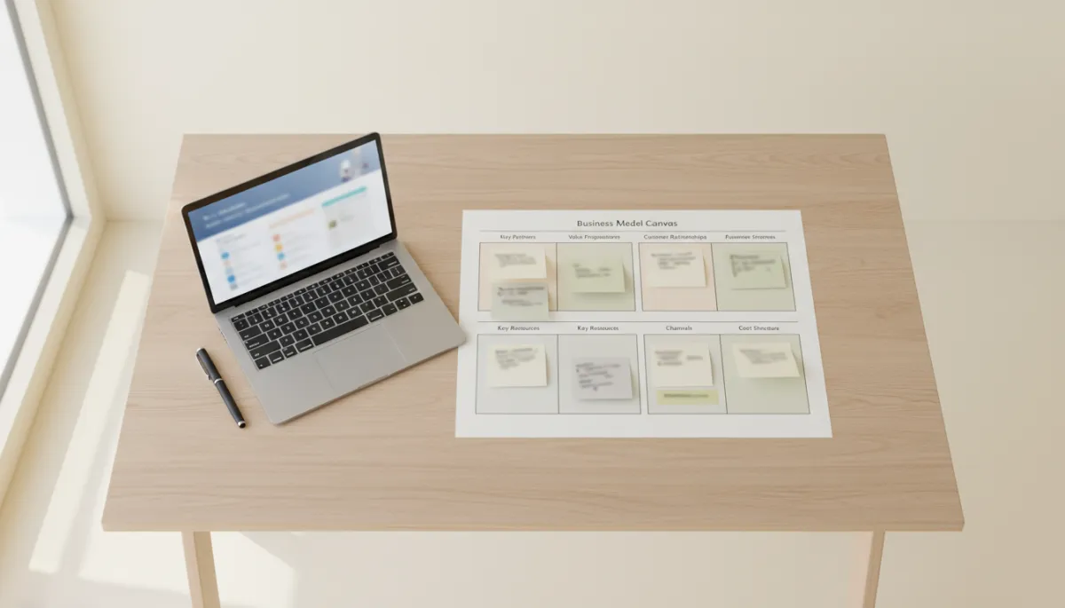 Business Model Canvas with notes on each of the nine building blocks