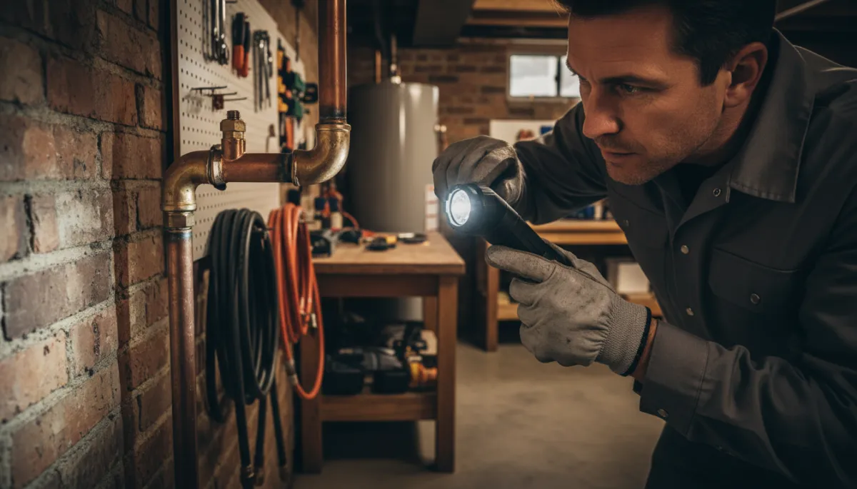Plumber inspecting a copper pipe joint in a basement