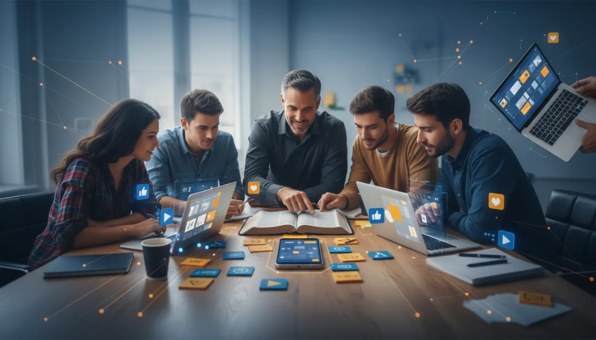 Pastor and church media team planning social media ministry together