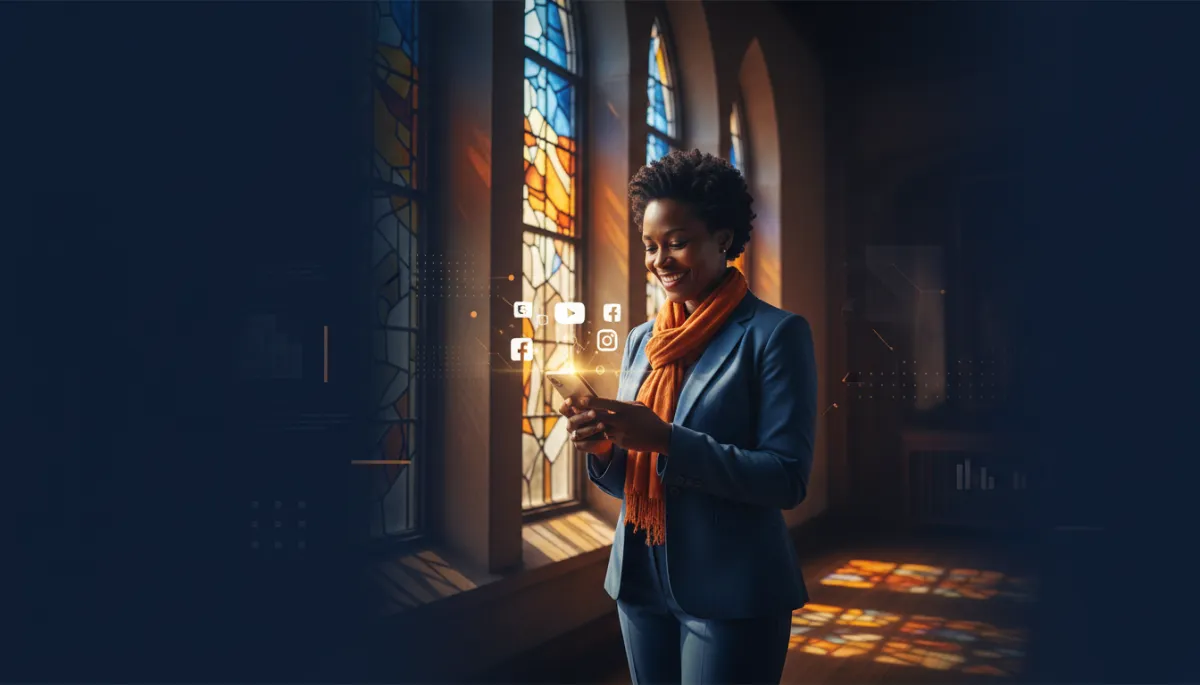 Smiling church leader looking hopefully at their phone