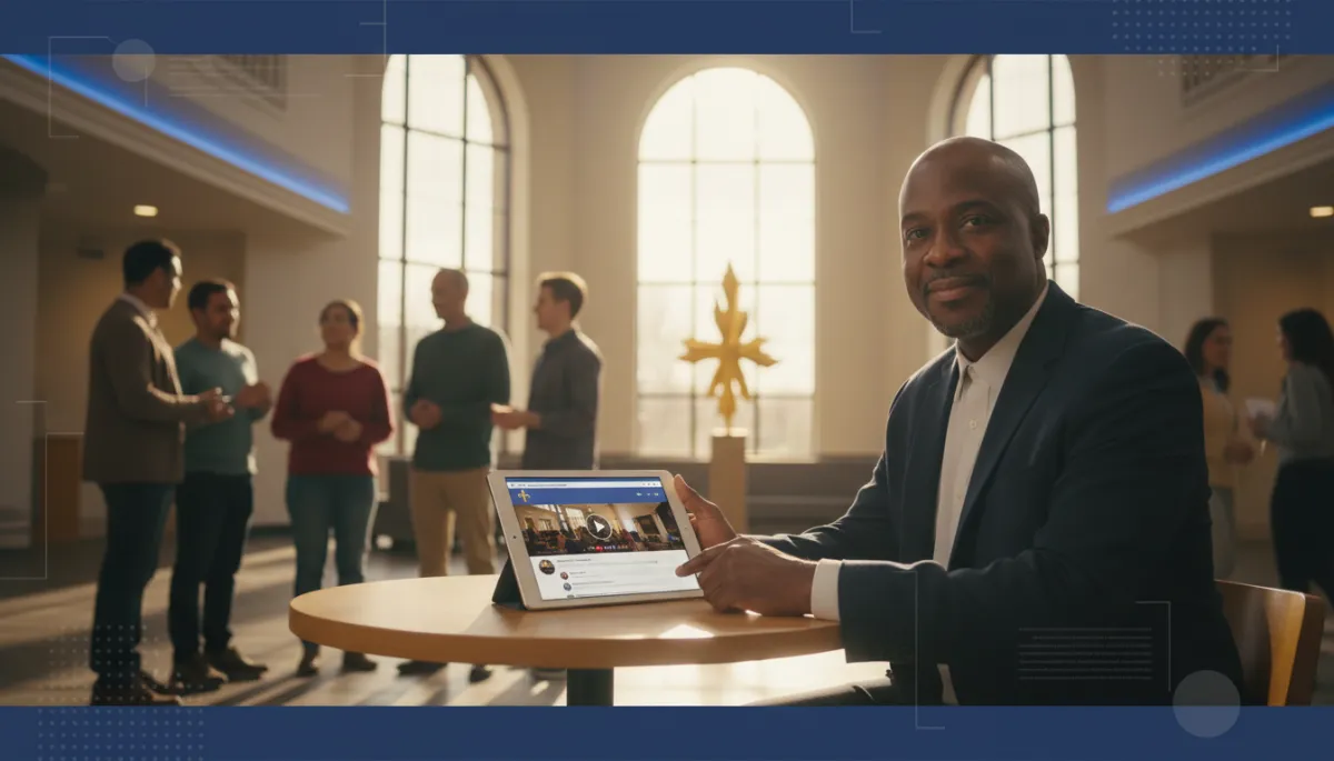 Pastor using Facebook on a tablet with church members in the background