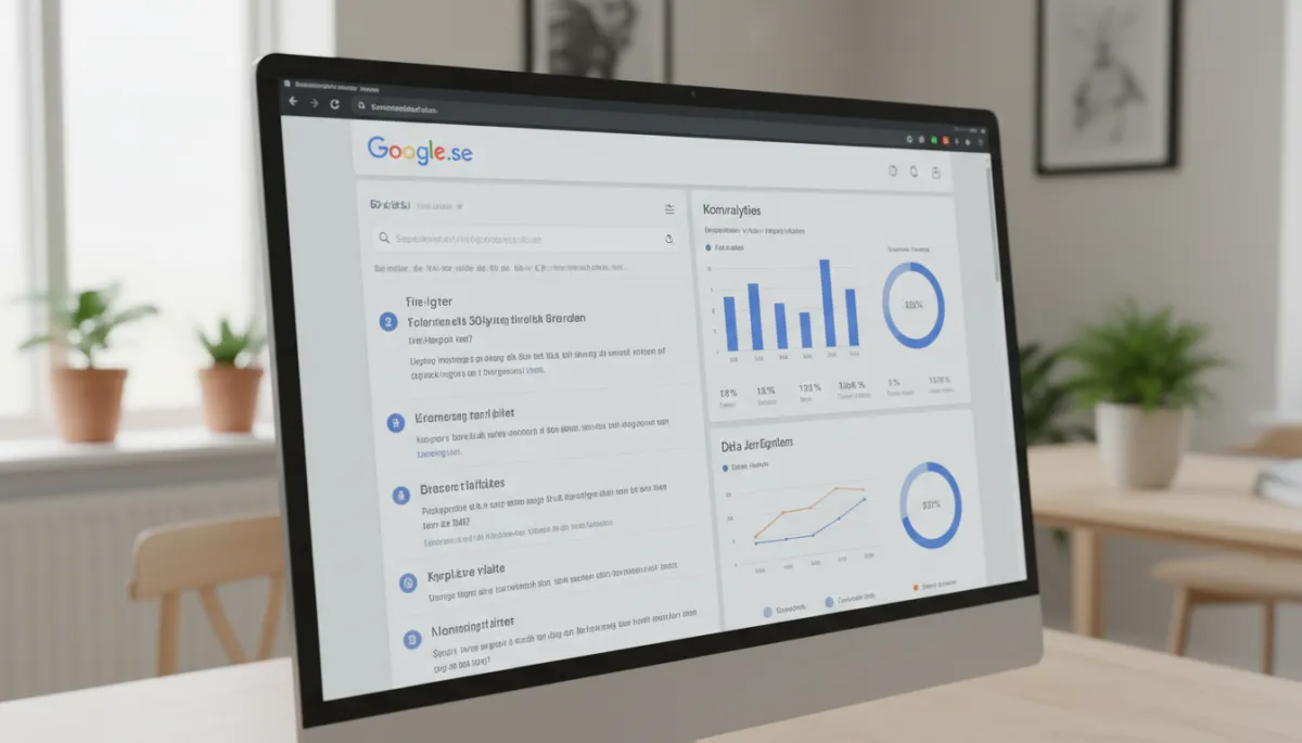 Datorskärm som visar Google.se-sökresultat och SEO-analys för ett svenskt företag