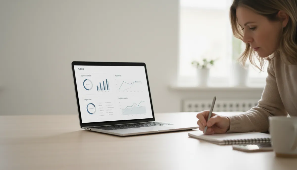 Laptop som visar ett CRM-system med kundsegment och lojalitetsdata för ett svenskt småföretag