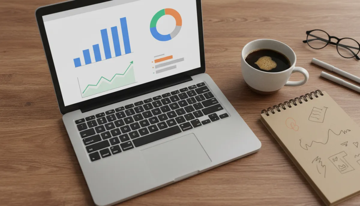 Laptop med Google Ads‑dashboard och kampanjstatistik på skrivbord