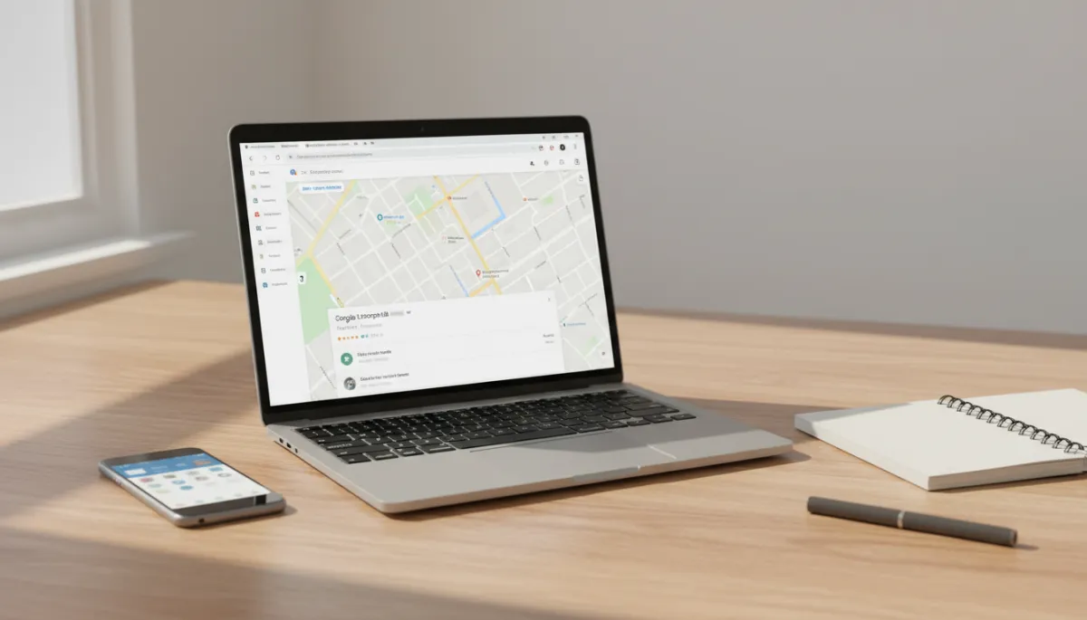Dator som visar en svensk lokal företagsprofil med recensioner på Google Maps