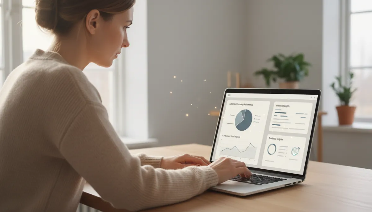 Marknadsförare på svenskt kontor som analyserar automatiserade kampanjresultat på laptop