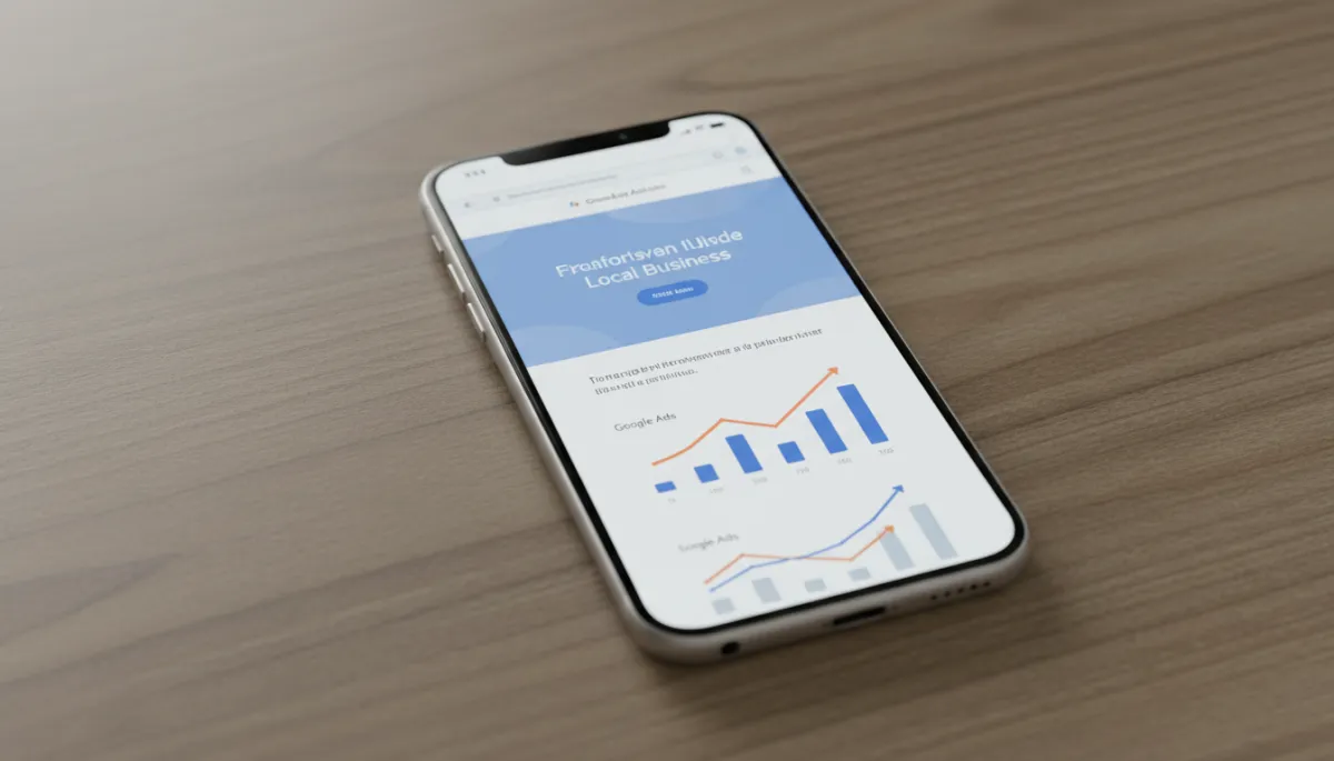Mobilanpassad landningssida och Google Ads-data på en smartphone
