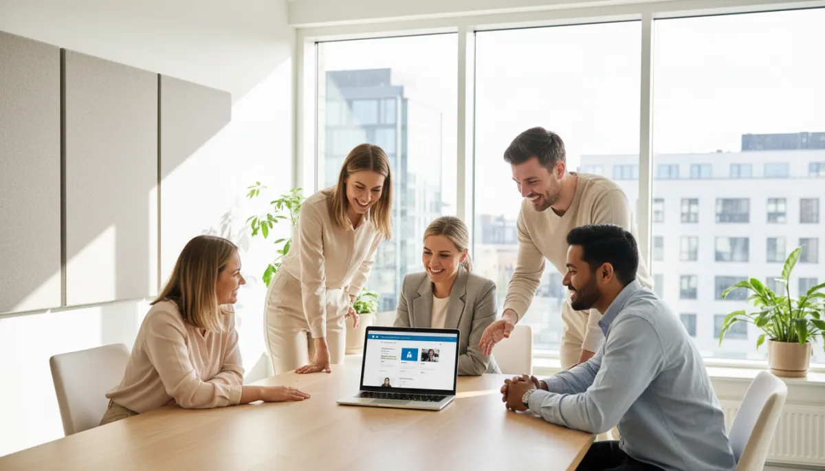 photorealistic neutral-toned office setting with a Swedish business team gathered around a laptop, LinkedIn interface visible on screen, daylight from large windows, professional atmosphere