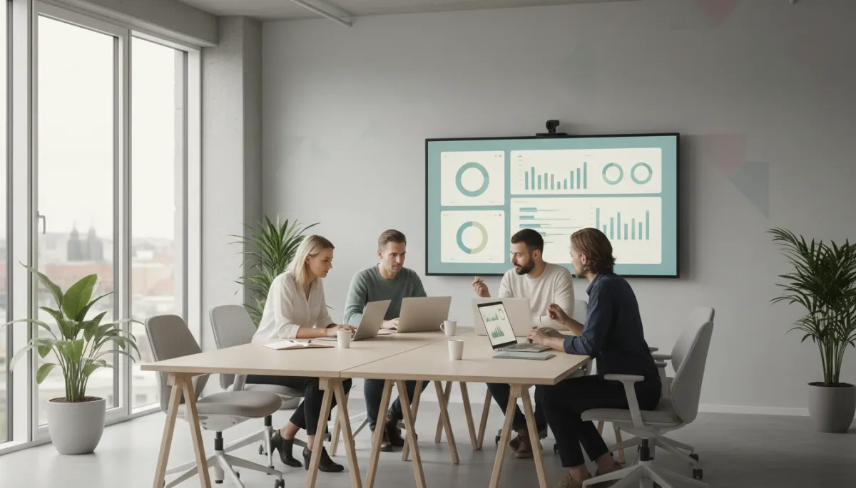 photorealistic neutral-toned modern Swedish office with marketing team reviewing analytics dashboards on laptops and a large screen, soft daylight, minimalistic Scandinavian interior design, subtle brand colors