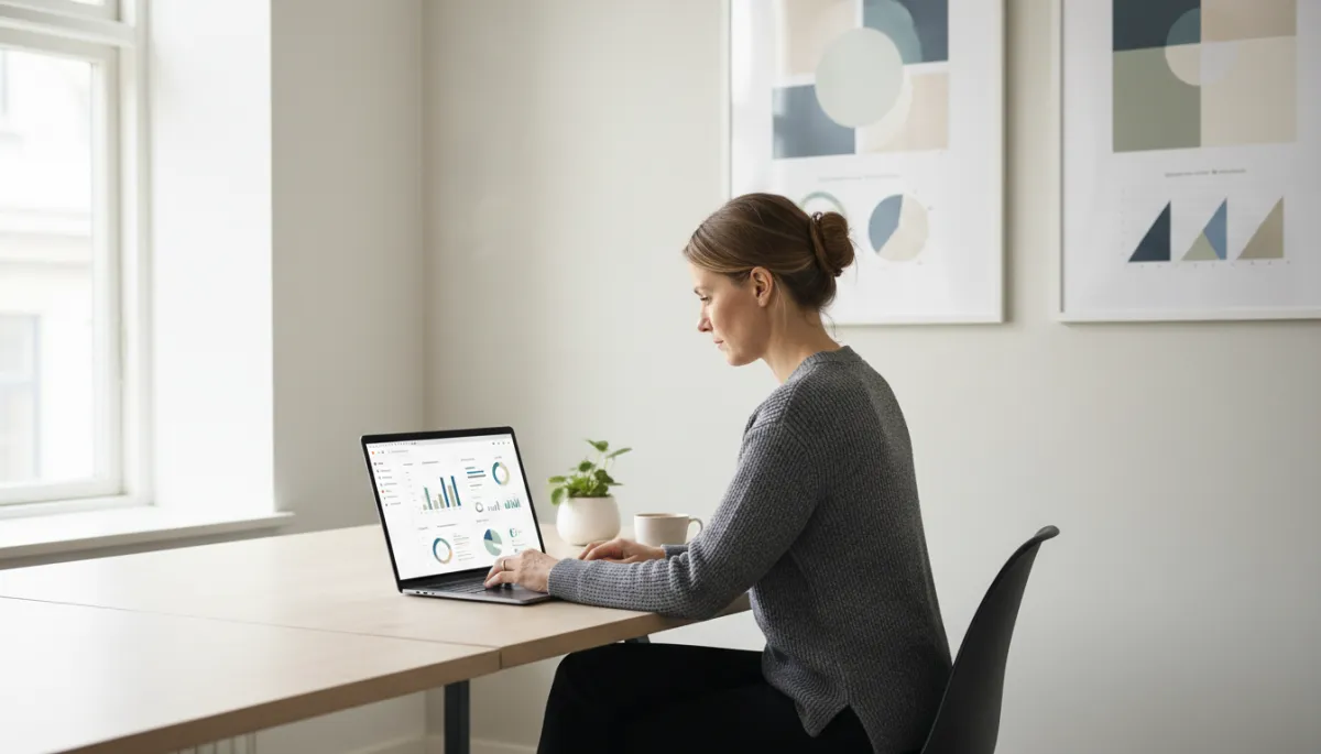 photorealistic neutral-toned modern Scandinavian office where a Swedish marketing manager reviews an email automation dashboard on a laptop, soft daylight, subtle brand charts on screen