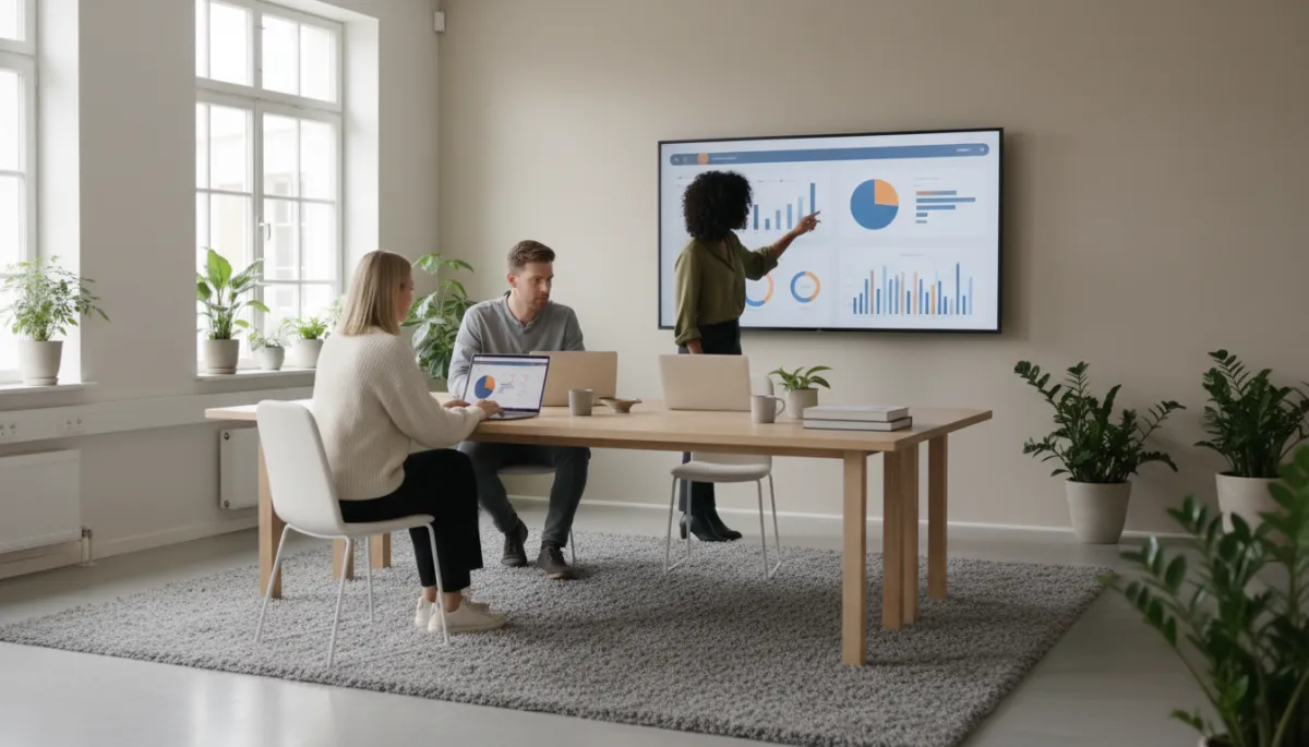 photorealistic neutral-toned modern Swedish office with a small business team reviewing social media analytics on laptops and a large wall screen, soft daylight, minimalist Scandinavian interior design
