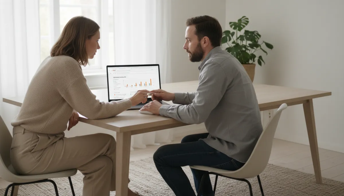 photorealistic neutral-toned modern Swedish office with business owner and marketing consultant reviewing SEO analytics on laptop showing Google.se results, soft daylight, clean Scandinavian interior