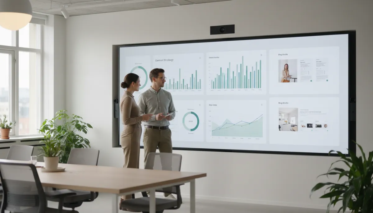 photorealistic neutral-toned modern Swedish office with two professionals discussing content strategy in front of a large screen showing analytics and blog articles, soft daylight, clean Scandinavian design