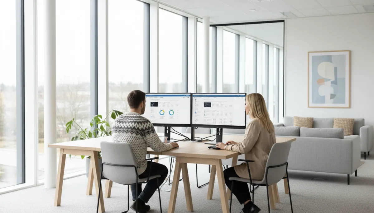 photorealistic neutral-toned modern Swedish office with two marketing professionals analyzing LinkedIn Ads dashboards on dual monitors, daylight from large windows, subtle Scandinavian interior design