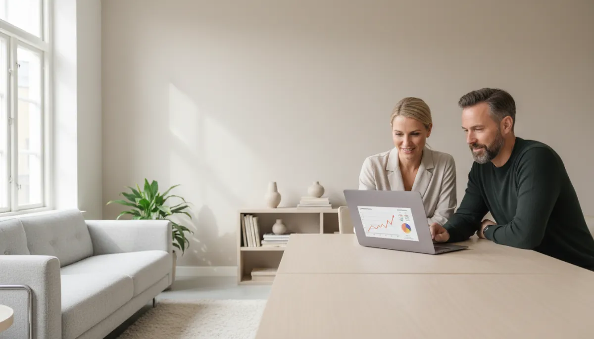 photorealistic neutral-toned office in Sweden, marketing manager and small business owner reviewing influencer campaign results on a laptop, soft natural light, Scandinavian interior design