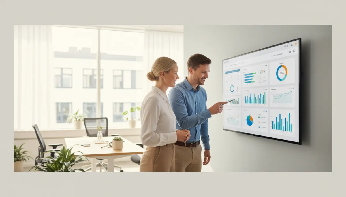 photorealistic neutral-color modern Swedish small business office, marknadschef och säljare som tittar på CRM-dashboard på stor skärm, naturligt dagsljus, fokus på relationer och data