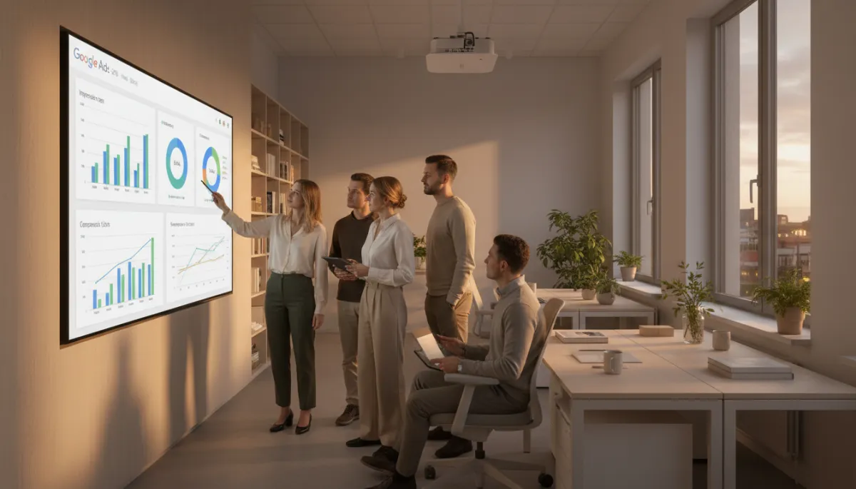 photorealistic neutral-toned modern Swedish office, marketing team reviewing Google Ads performance on large screen, charts and graphs visible, evening light through windows