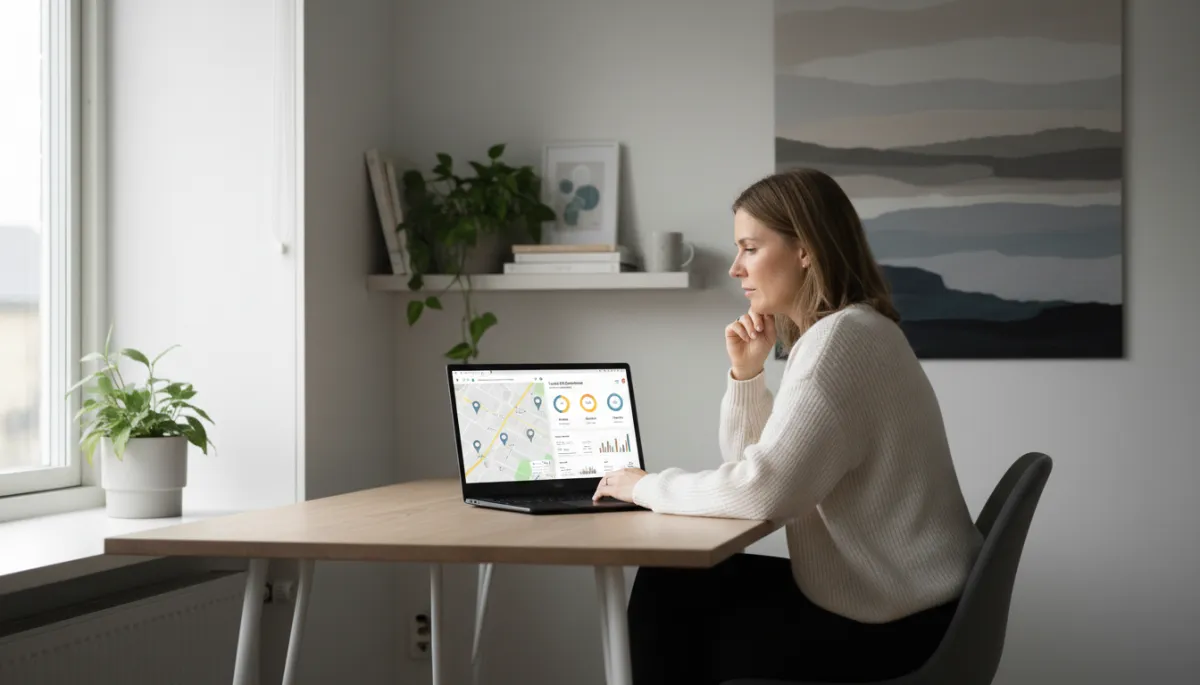 photorealistic neutral-toned interior of a small Swedish business owner in a modern office reviewing local SEO performance on a laptop, Google Maps and analytics dashboard visible on screen, soft natural light, professional atmosphere