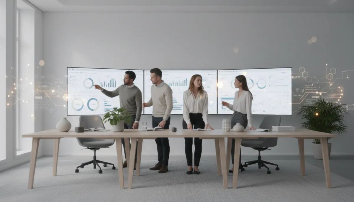 photorealistic neutral-toned modern Swedish office with a small business team reviewing marketing dashboards on large screens, subtle AI graphics overlaid on charts, calm daylight, professional atmosphere