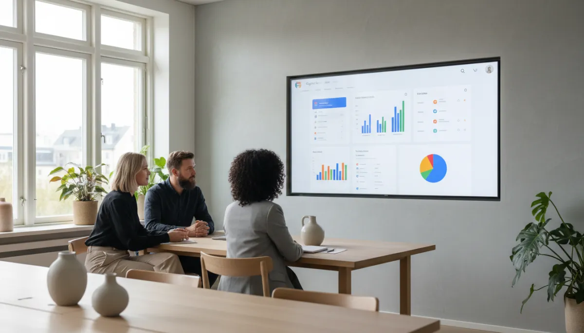 photorealistic neutral-tone office with Swedish small business owners and a digital marketing consultant reviewing Google Ads dashboards on a large screen, soft daylight, modern Scandinavian interior