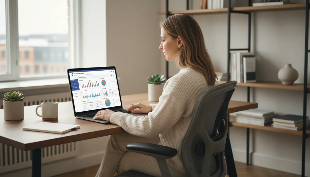 photorealistic neutral-toned office where a Swedish small business owner sitter vid en laptop och granskar Facebook Ads Manager med diagram och kampanjresultat på skärmen, mjuk dagsbelysning, professionell men avslappnad miljö