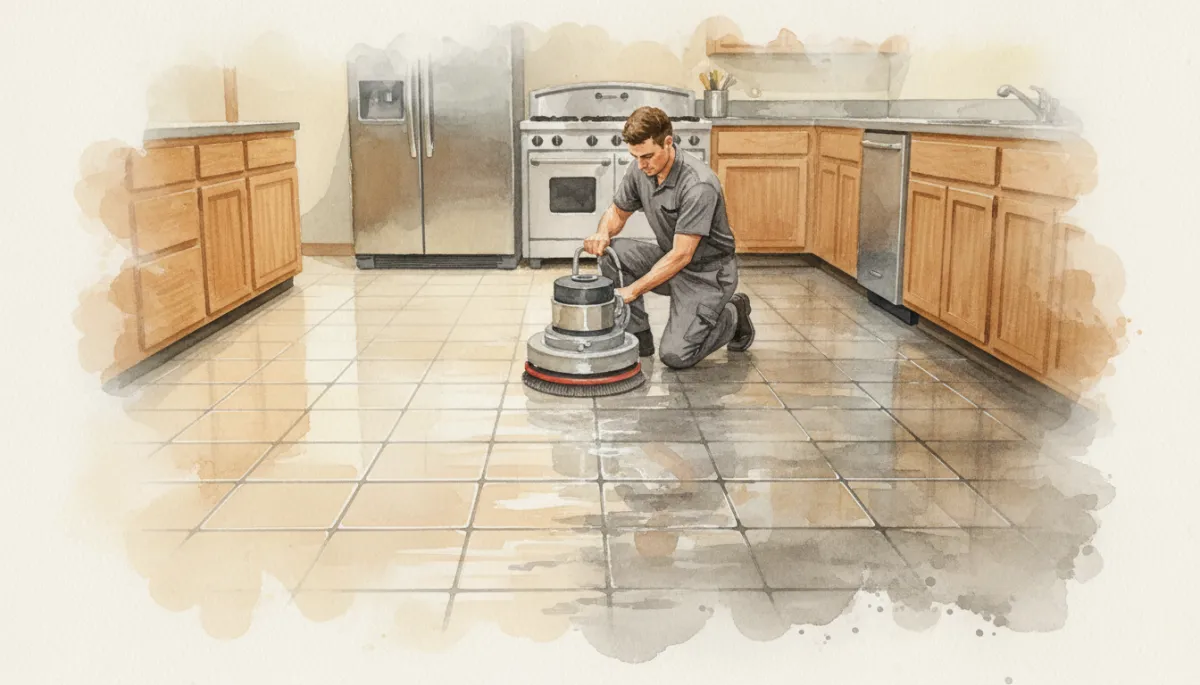 Technician performing deep grout cleaning on a neutral tile kitchen floor