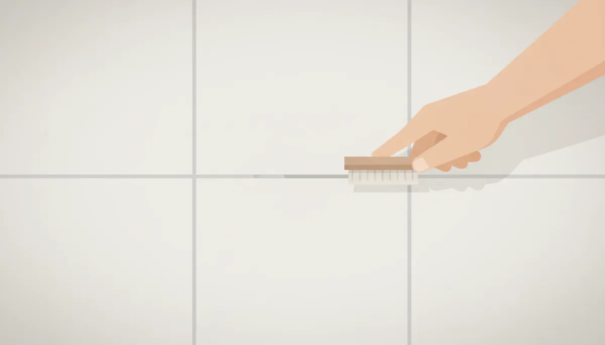 Close-up of tile floor as grout lines are cleaned with a small brush